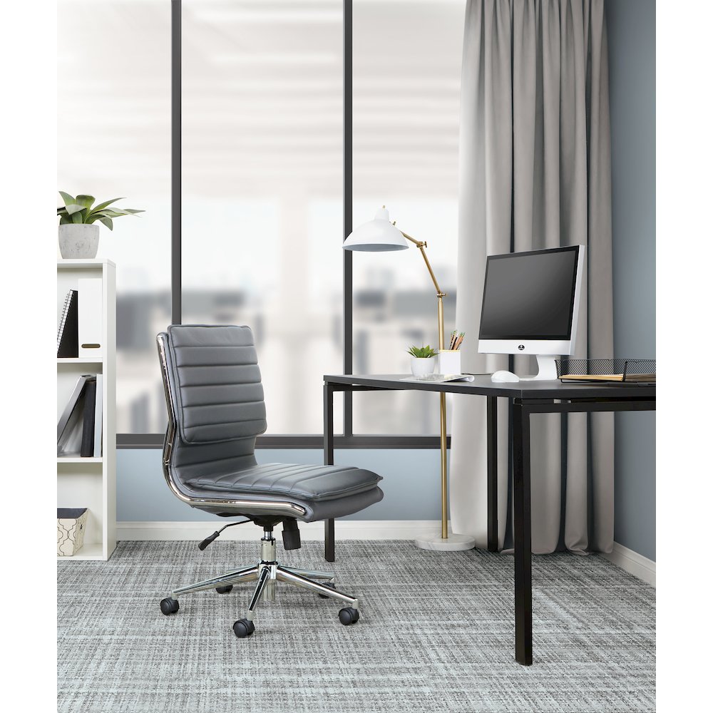 Armless Mid Back Manager’s Faux Leather Chair in Charcoal with Chrome Base.