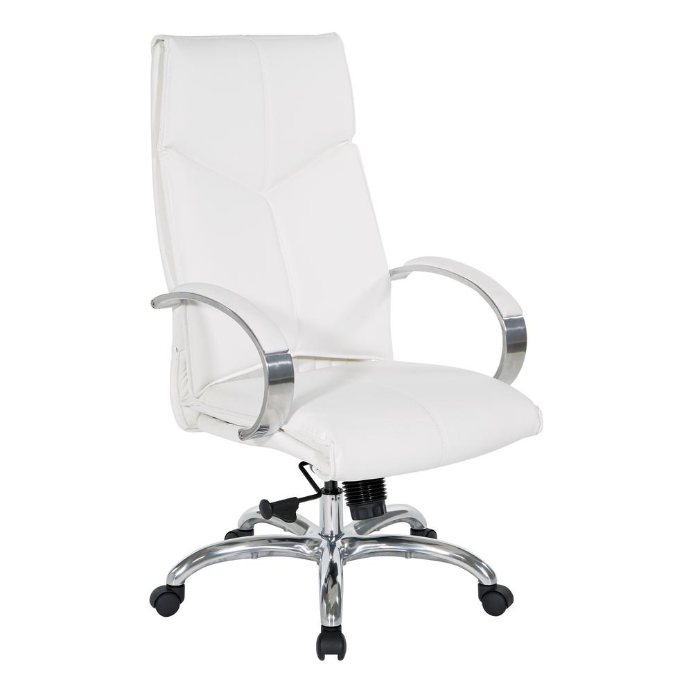 Deluxe High Back Executive Chair in Dillon Snow with Polished Aluminum Base and Padded Aluminum Arms