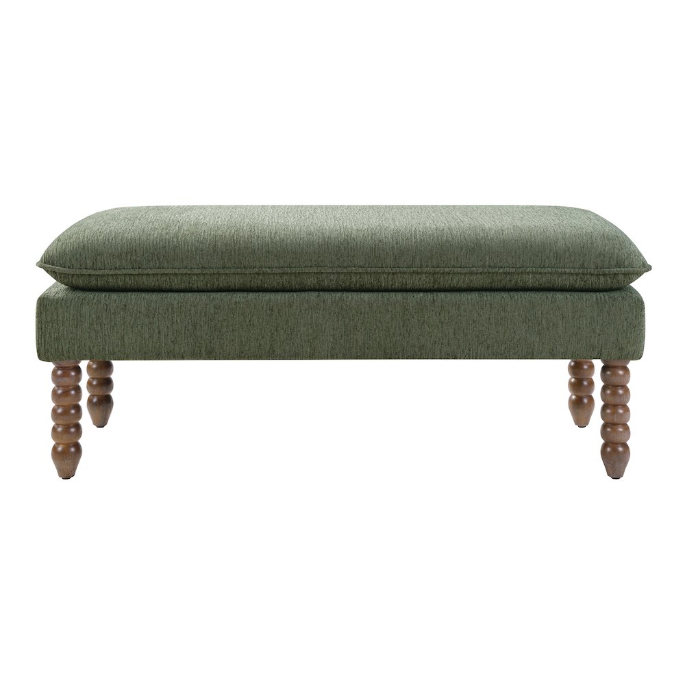 Selina Pillow Top Bench in Pine Fabric With Rustic Brown Finish Spindle Legs