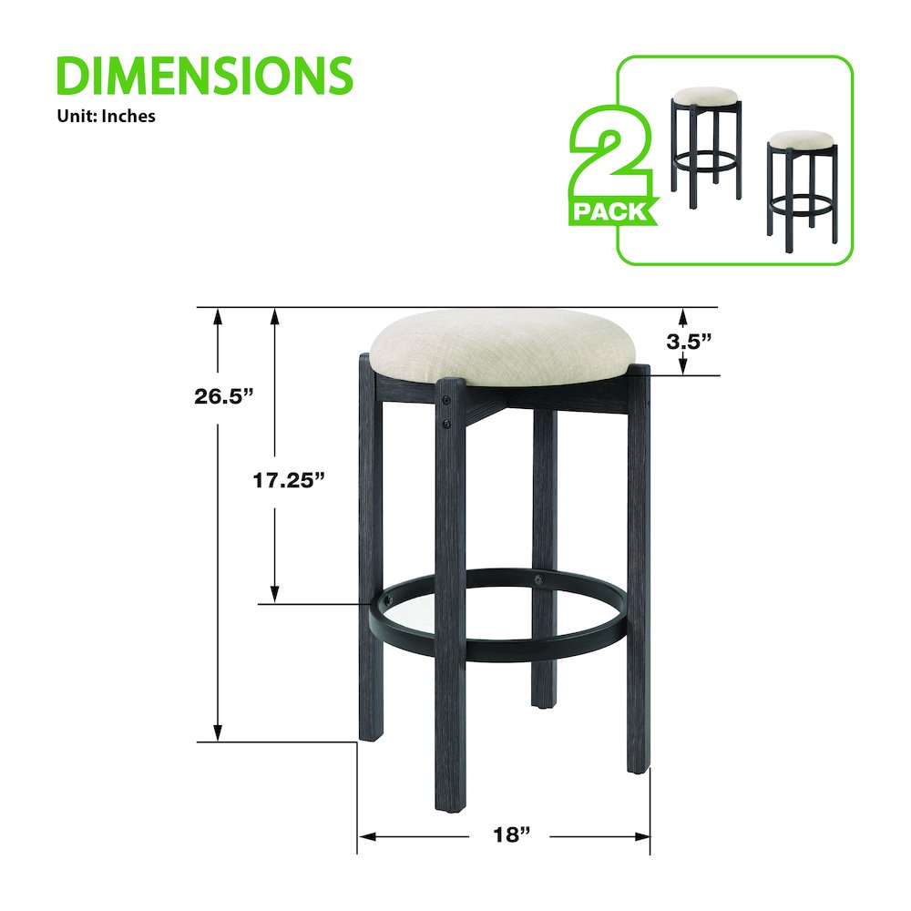 Melissa 26″ Counter Stools 2-Pack With Cream Fabric Seat and Black Finish Wood