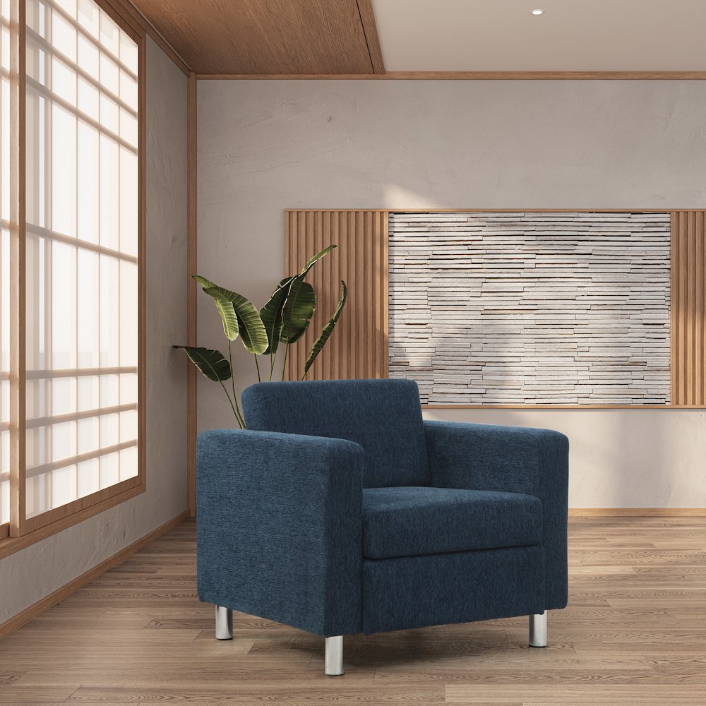 Pacific Armchair in Navy Fabric with Chrome Legs