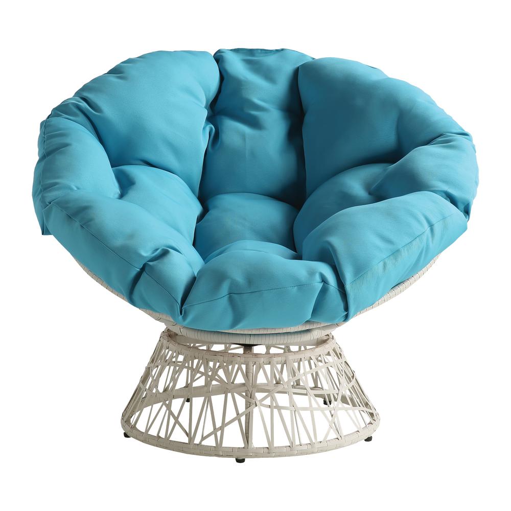 Papasan Chair with Blue Round Pillow Cushion and Cream Wicker Weave
