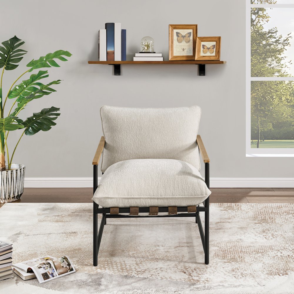 Telly Sling Chair in Ivory Fabric with Oak Wood Arms and Black Steel Frame