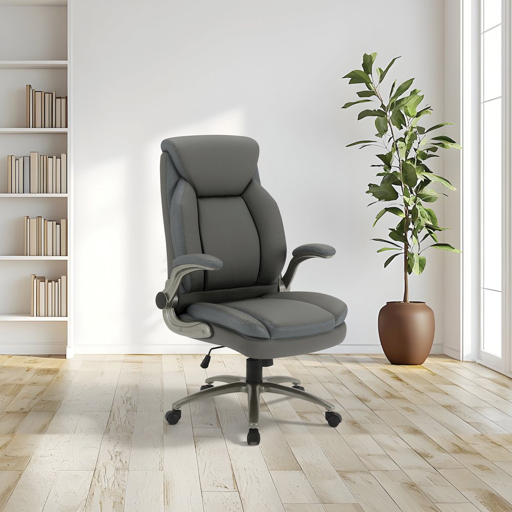 Grey Leather Big & Tall Chair with Padded Flip Arms and Titanium Base