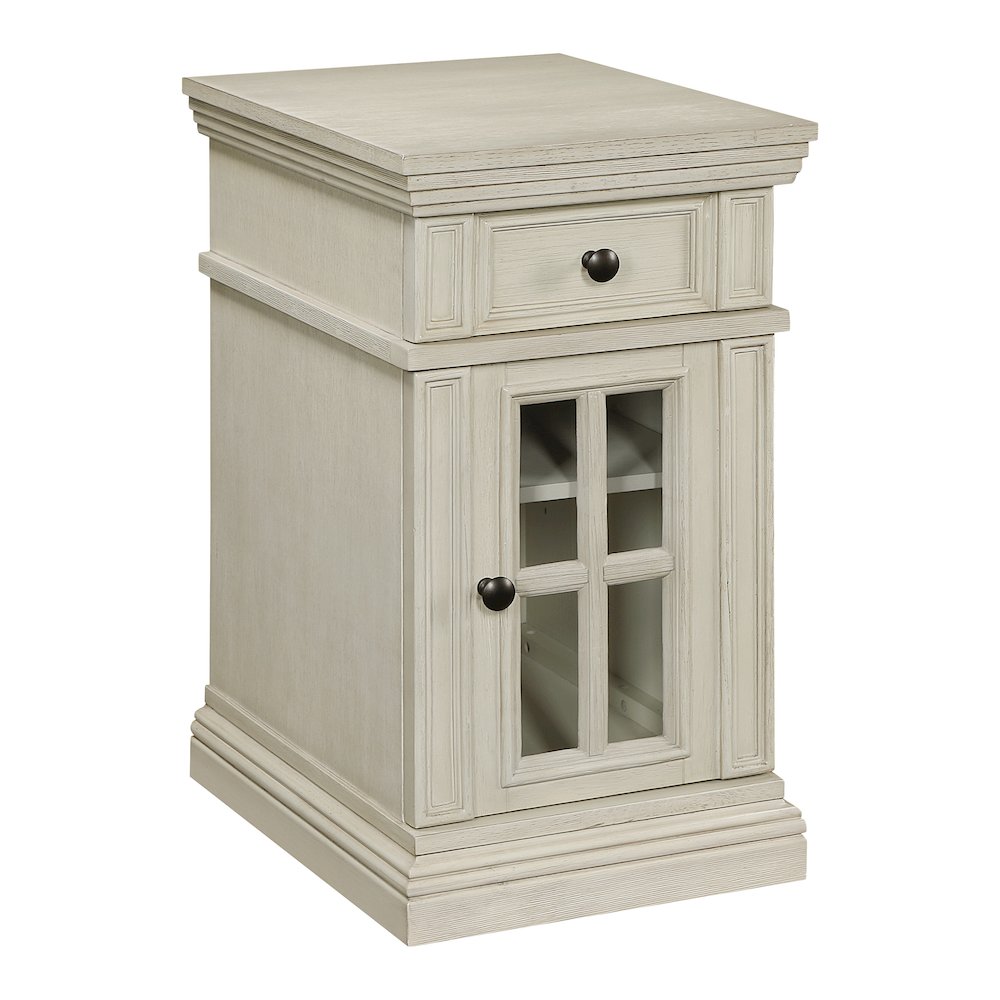 Chair Side Table with 1 Drawer and 1 Glass Door with Power Strip in White Finish