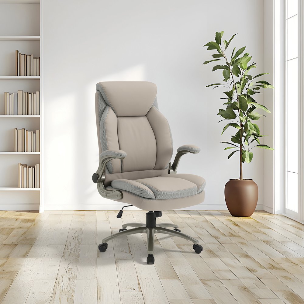 Taupe Leather Big & Tall Chair with Padded Flip Arms and Titanium Base