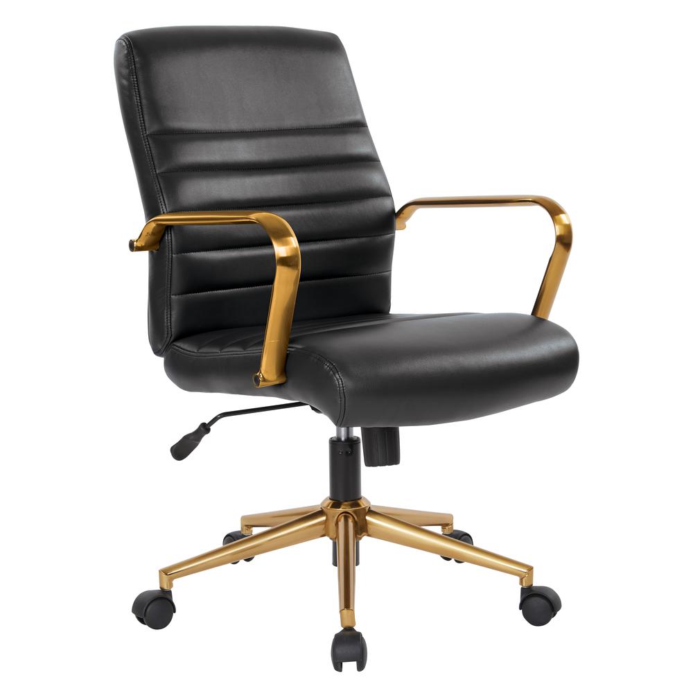 Mid-Back Black Faux Leather Chair with Gold Finish Arms and Base K/D