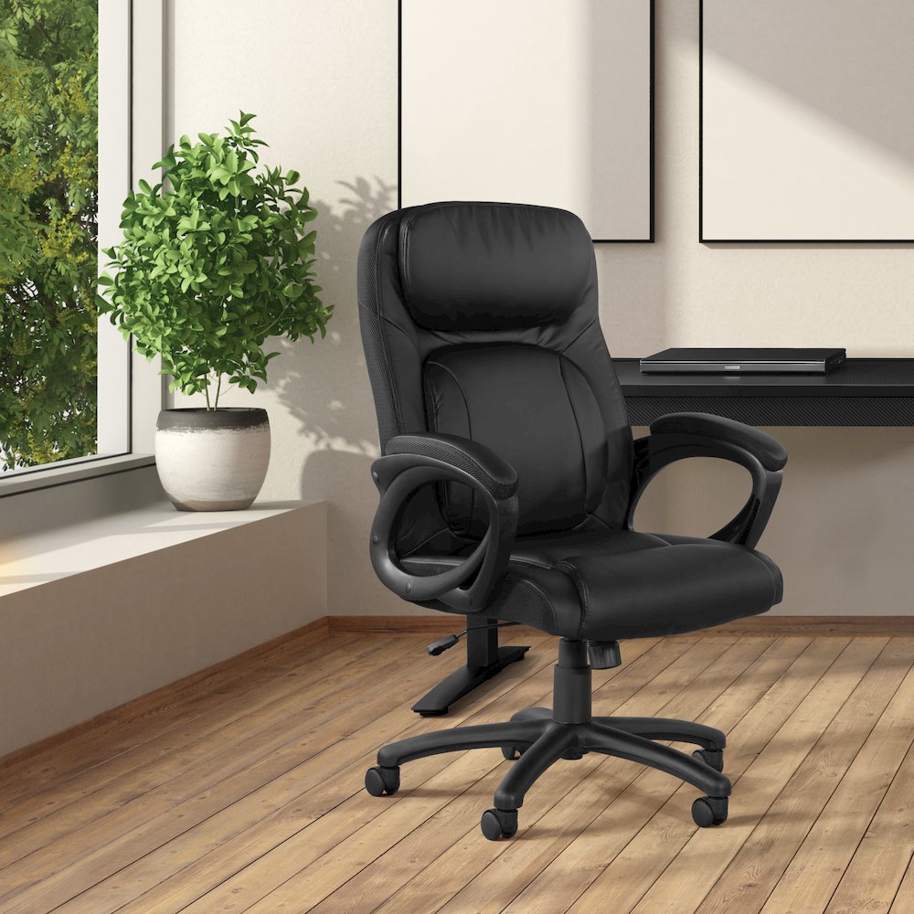 BlackFaux Leather Manager’s Chair with Padded Arms and Black Nylon Base