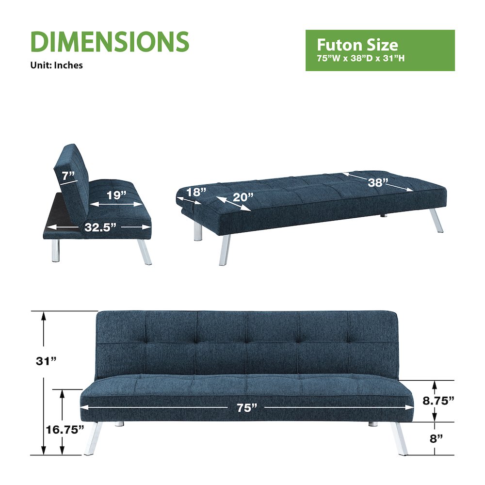 Kenneth Futon in Indigo Fabric and Chrome Legs