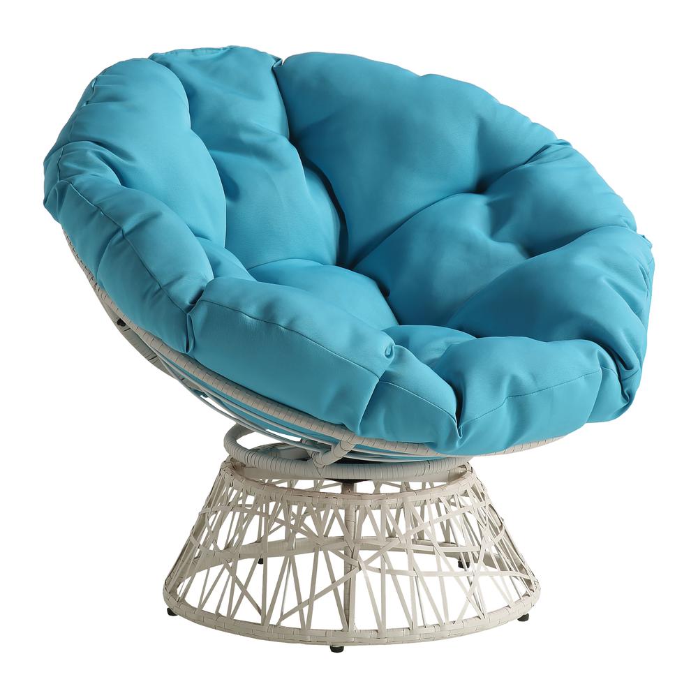 Papasan Chair with Blue Round Pillow Cushion and Cream Wicker Weave