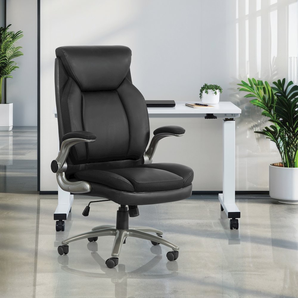 Black Leather Big & Tall Chair with Padded Flip Arms and Titanium Base