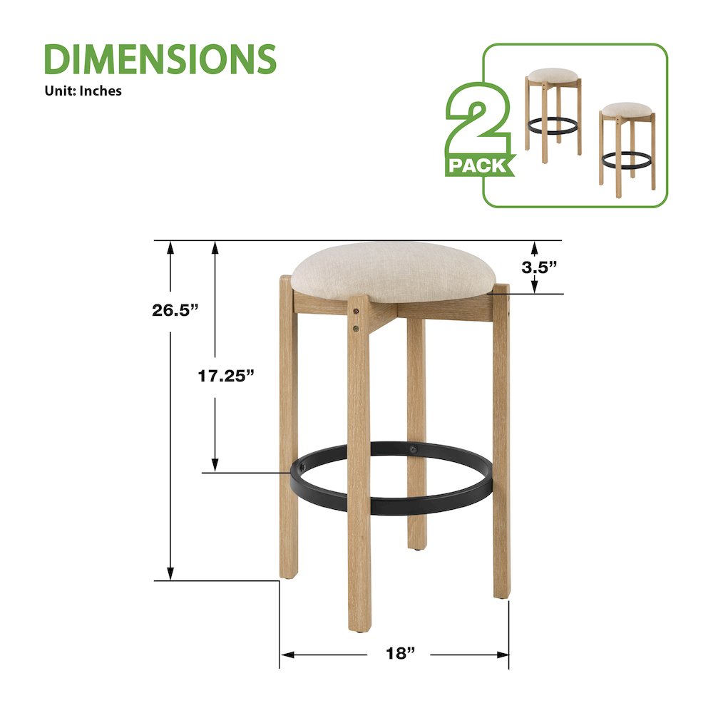 Melissa 26″ Counter Stools 2-Pack With Cream Fabric Seat and Natural Finish Wood