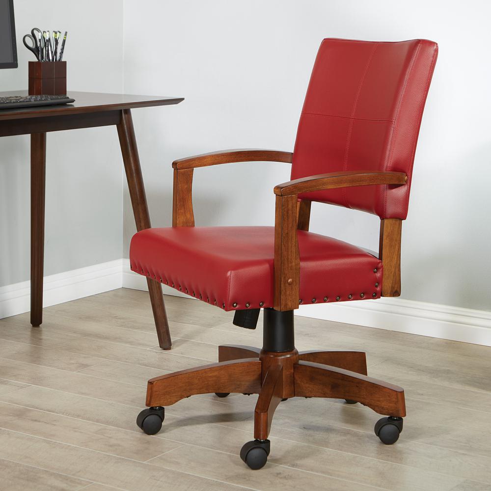 Deluxe Wood Bankers Chair in Red Faux Leather with Antique Bronze Nailheads and Medium Brown Wood
