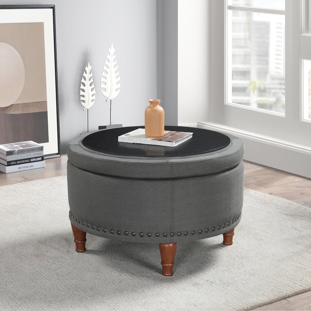 Alloway Storage Ottoman in Charcoal Fabric with Antique Bronze Nailheads