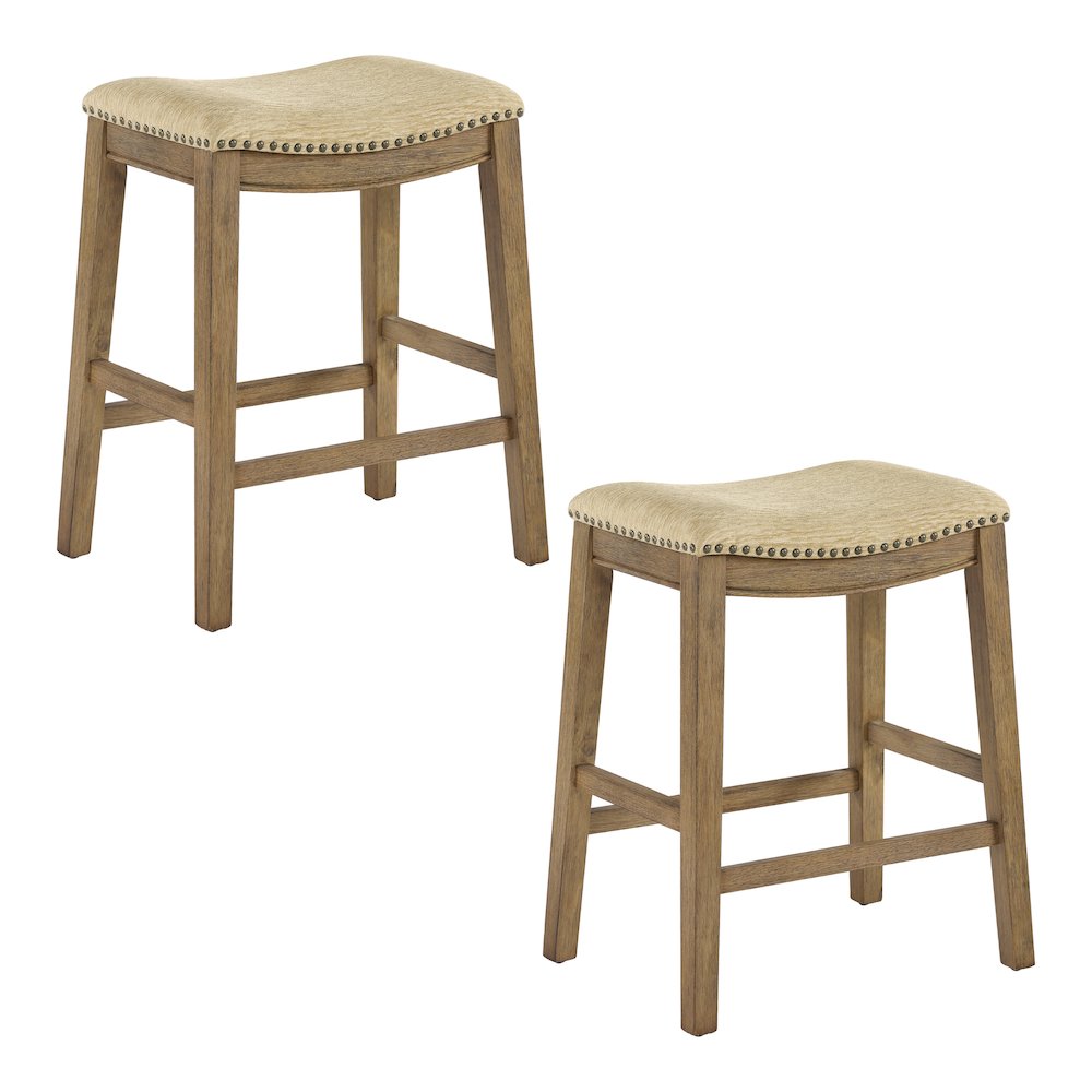Saddle Stool 24″ in Camel Fabric With Medium Oak Wood Finish 2-Pack