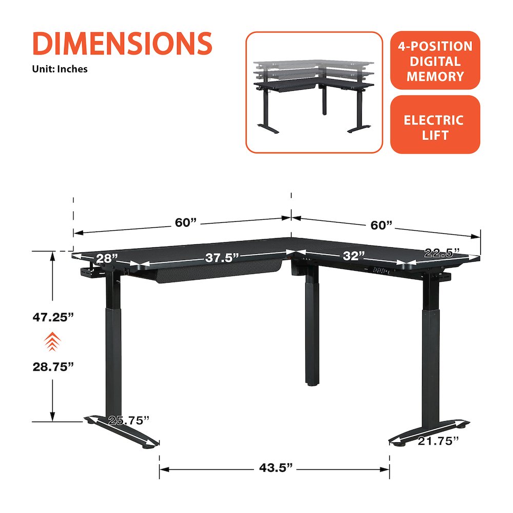 Kilo L-Shape Electric Lift Gaming Desk in Grey Carbon Fiber Finish