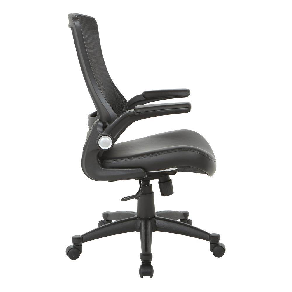 Screen Back Manager’s Chair in Black Faux Leather Seat with PU Padded Flip Arms with Silver Accents
