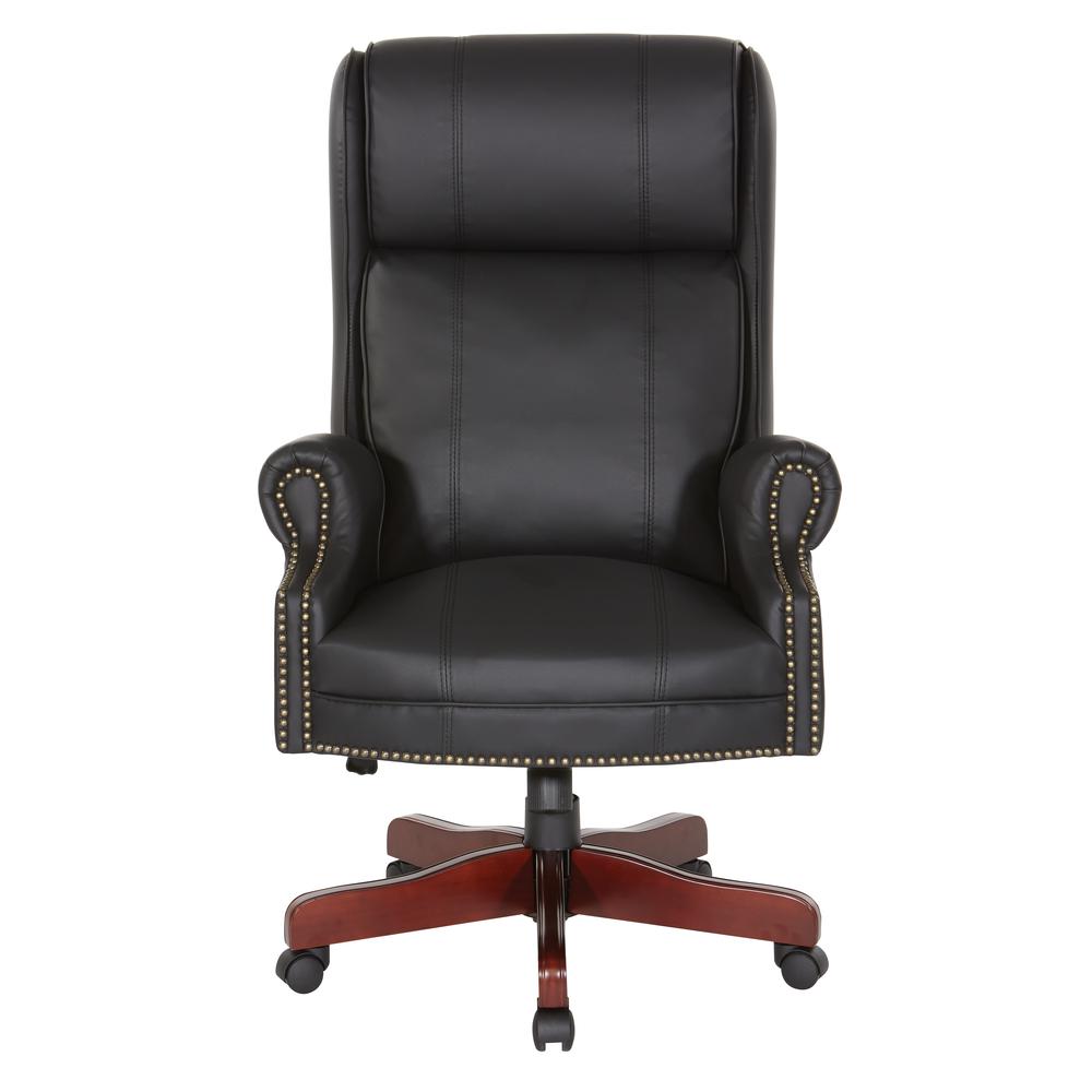 Traditional Executive High Back Chair with Black Vinyl and Brass Finish Nail Trim Upholstery