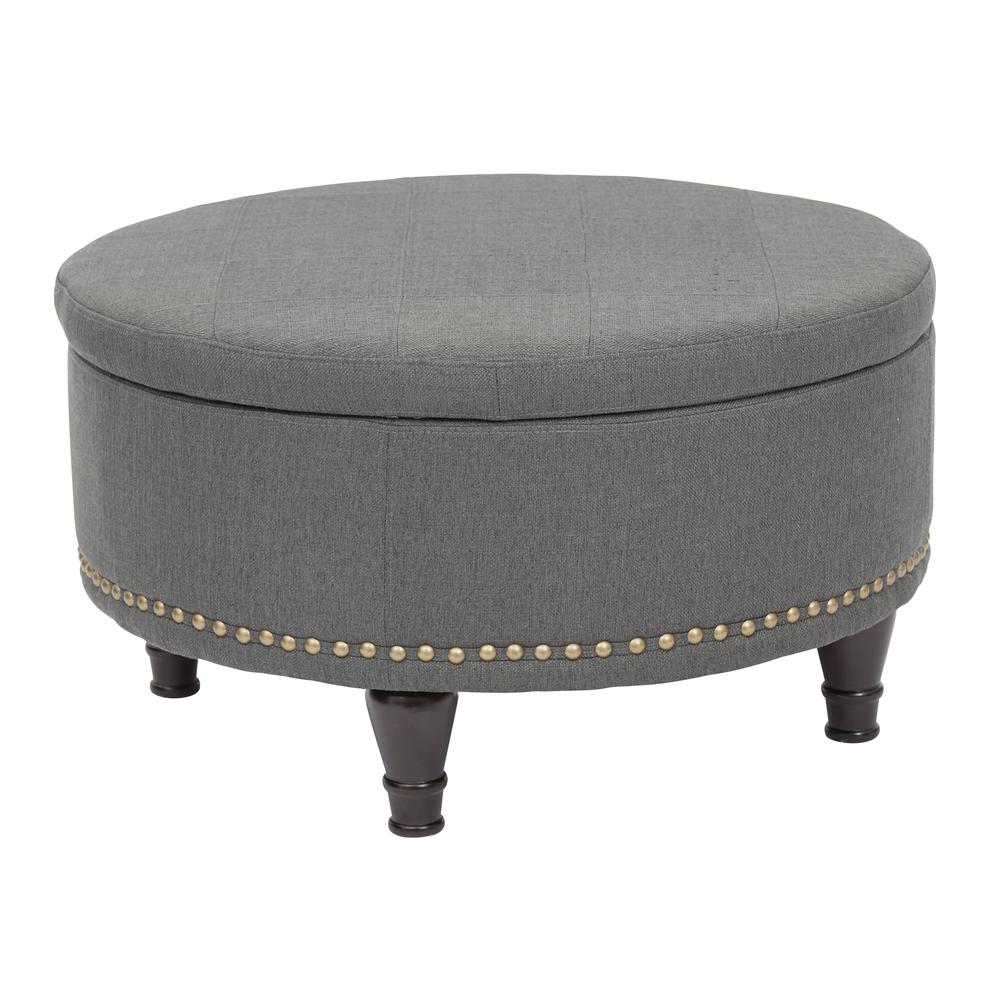 Augusta Round Storage Ottoman in Klein Charcoal Fabric and Antique Bronze Nailheads