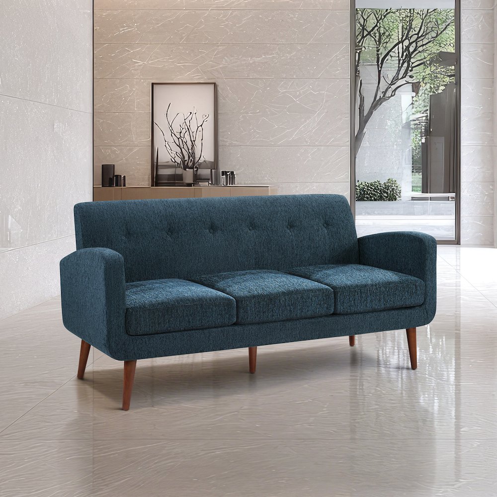 Lake Meadows Sofa in Navy Fabric with Espresso Legs