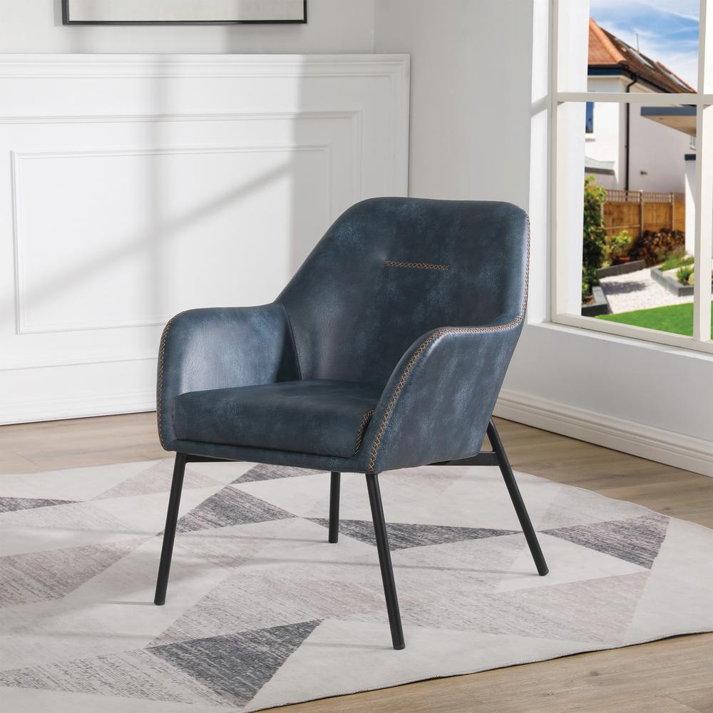Brooks Accent Chair in Navy Faux Leather with Gold Stitch and Black Legs