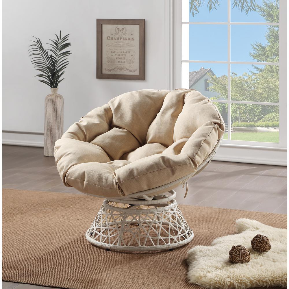 Papasan Chair with Cream Round Pillow Cushion and Cream Wicker Weave