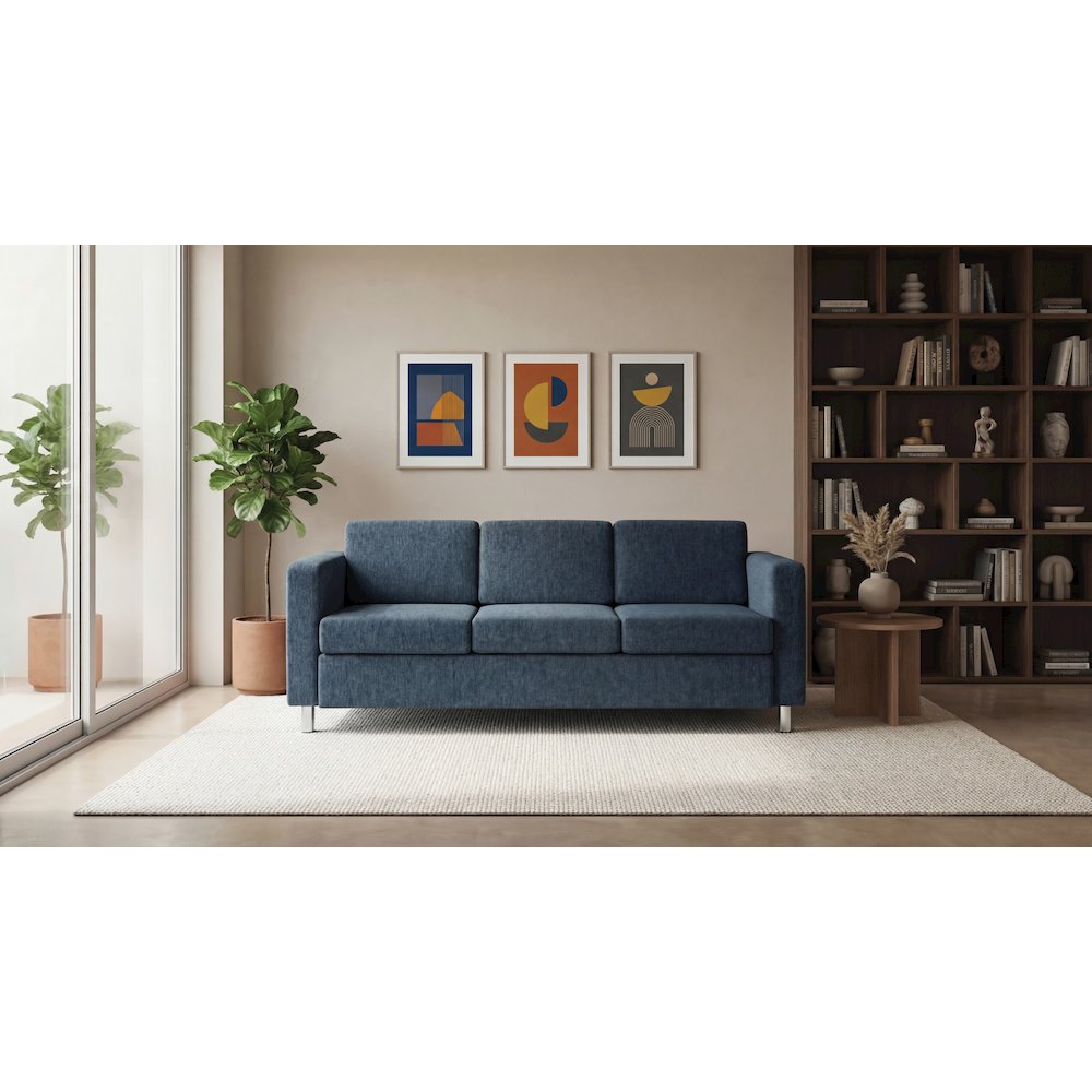 Pacific Sofa in Navy Fabric with Chrome Legs