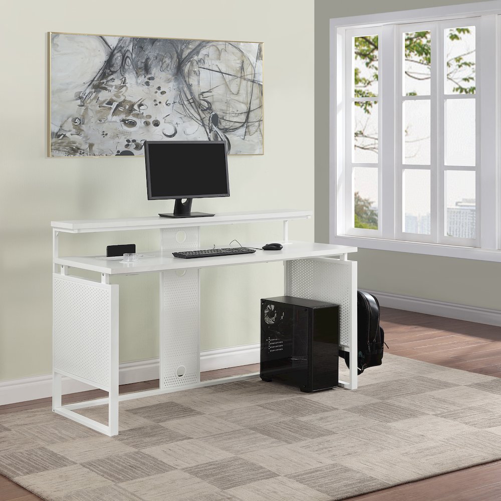 Ace 60″ Desk with Hutch in White Top and White Frame