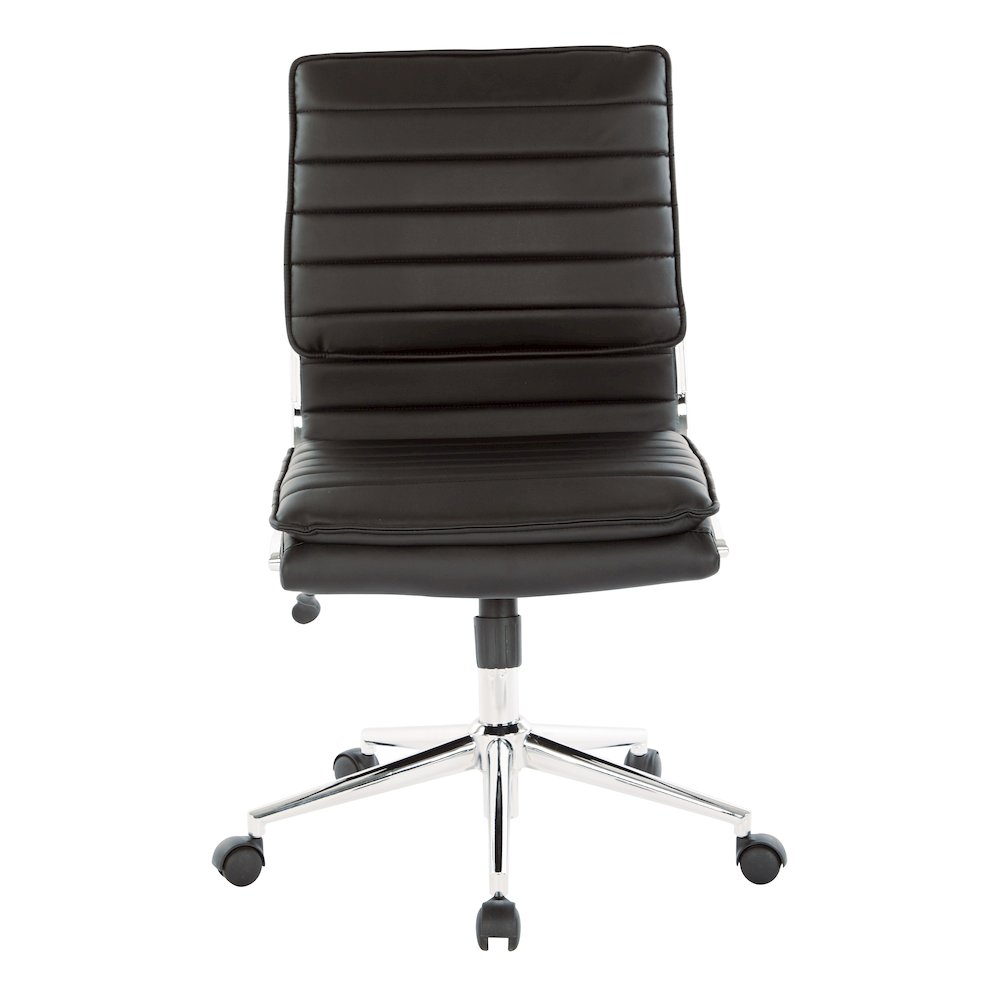 Armless Mid Back Manager’s Faux Leather Chair in Black with Chrome Base.