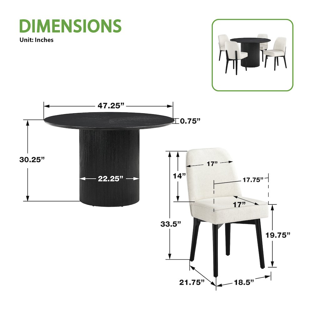 Jada 5-piece Round Pedestal Dining Table and 4 Chairs in Black Finish