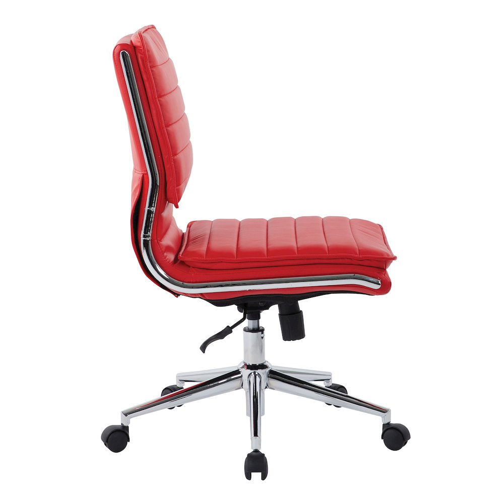 Armless Mid Back Manager’s Faux Leather Chair in Red with Chrome Base.