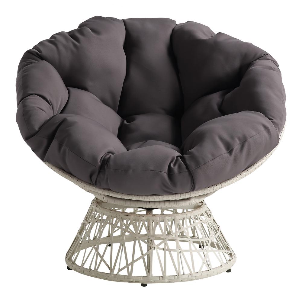 Papasan Chair with Grey Round Pillow Cushion and Cream Wicker Weave