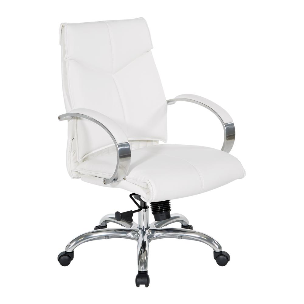 Deluxe Mid Back Executive Chair in Dillon Snow with Polished Aluminum Base and Padded Polished Aluminum Arms