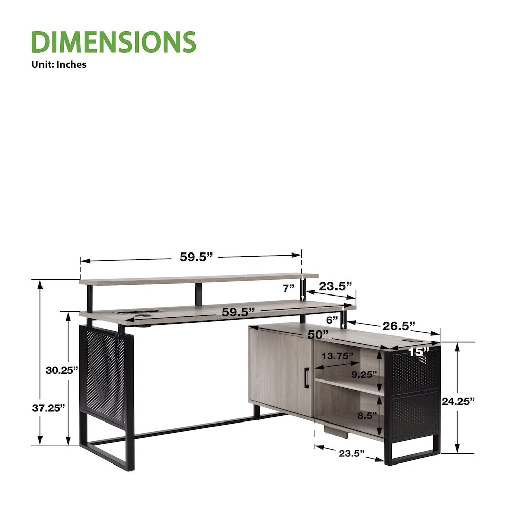Ace 60″x 50″ L-Shape Desk in Grey Taupe Top and Matte Black Frame