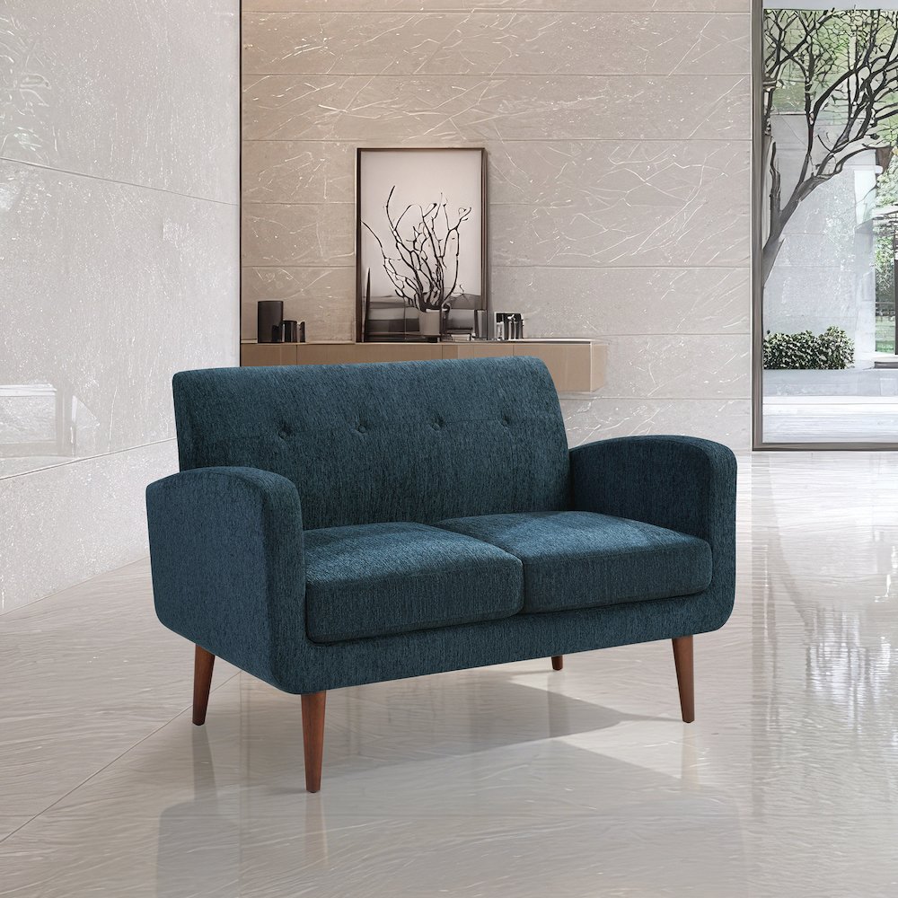 Lake Meadows Loveseat in Navy Fabric with Espresso Legs