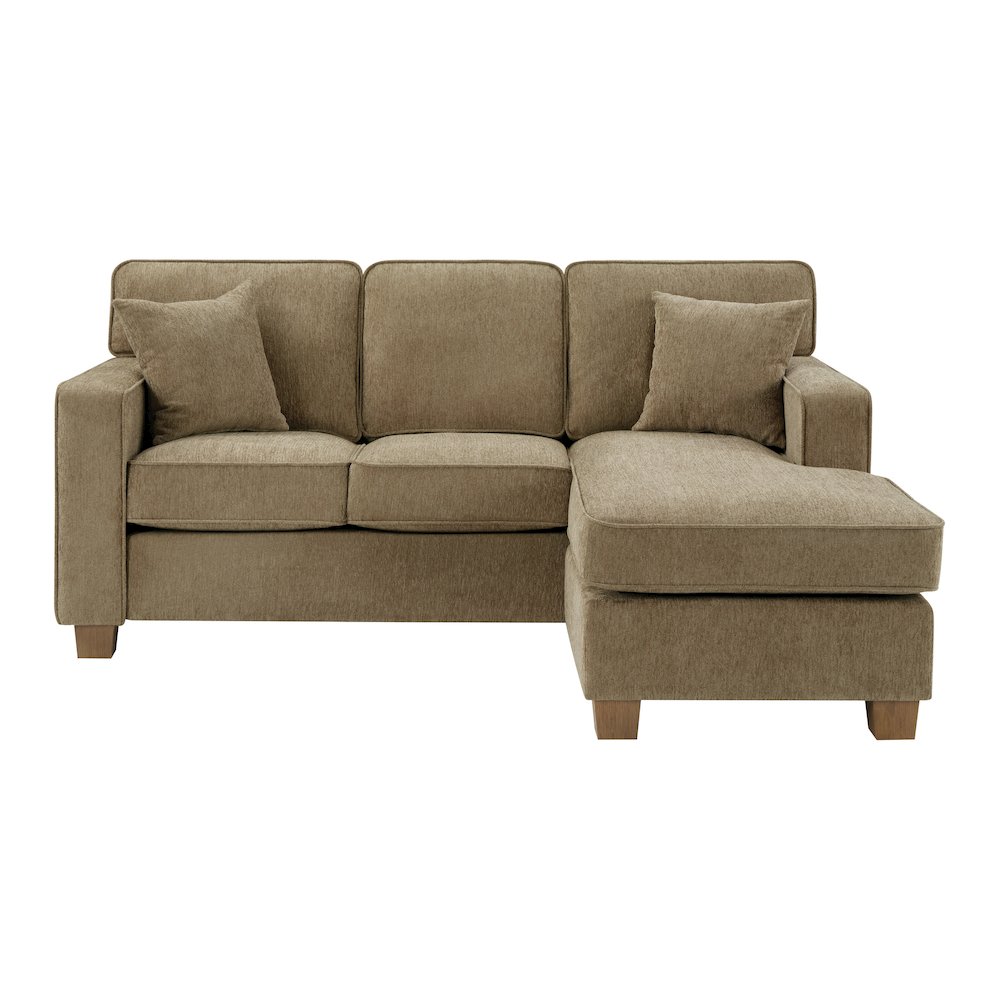 Sectional in Taupe fabric with 2 Pillows and Medium Oak Finished Wood Legs