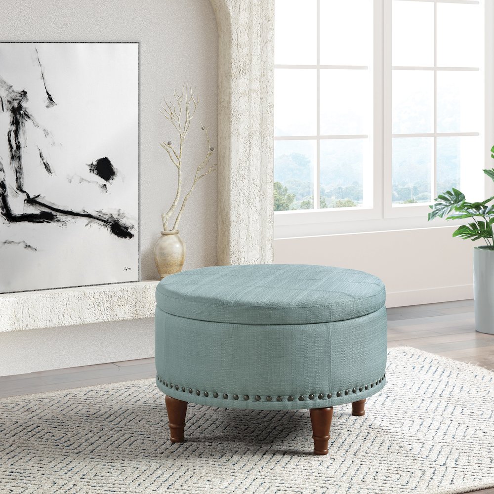 Alloway Storage Ottoman in Sea Blue Fabric with Antique Bronze Nailheads