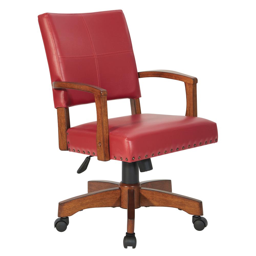 Deluxe Wood Bankers Chair in Red Faux Leather with Antique Bronze Nailheads and Medium Brown Wood