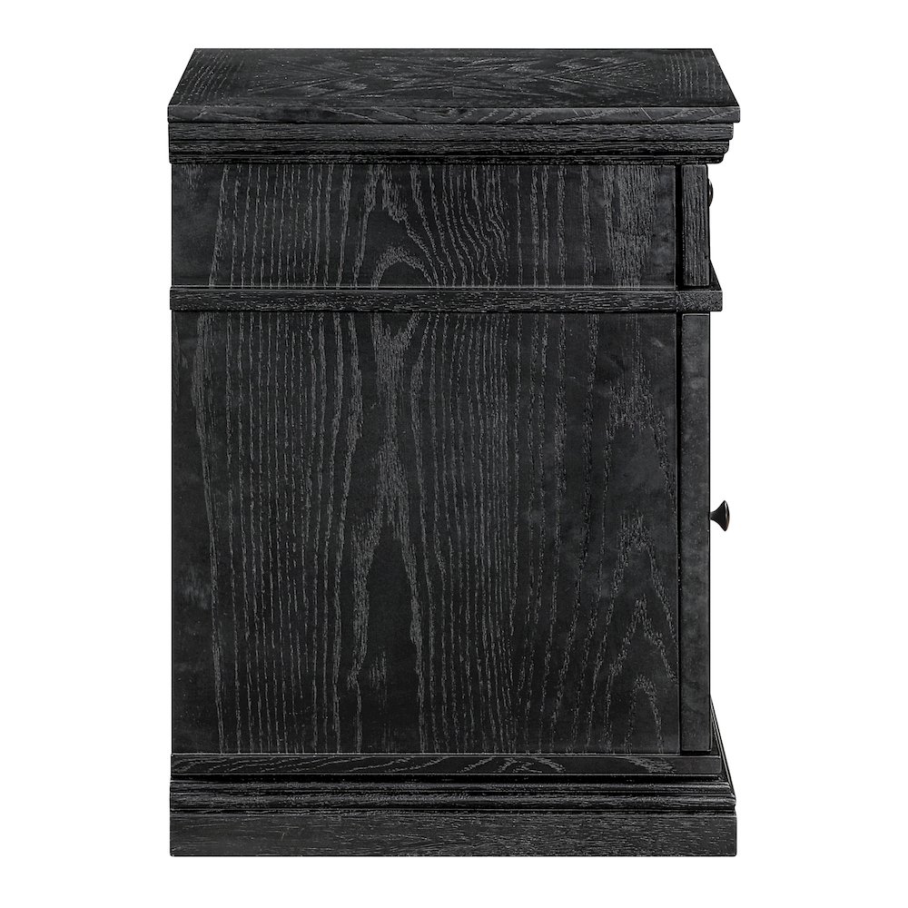 Chair Side Table with 1 Drawer and 1 Glass Door with Power Strip in Black Finish