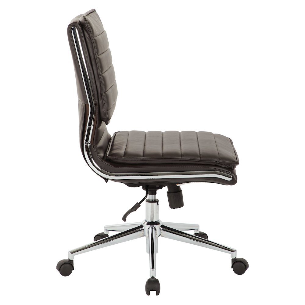 Armless Mid Back Manager’s Faux Leather Chair in Black with Chrome Base.