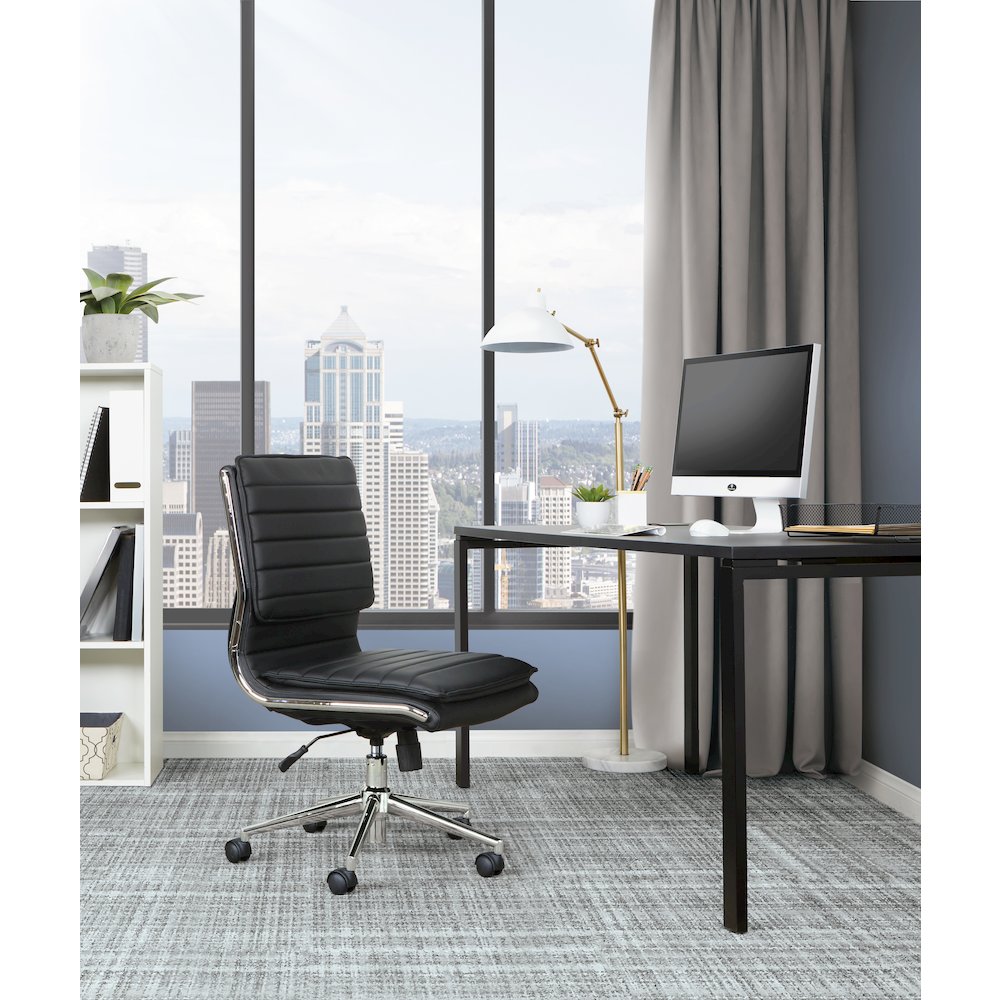 Armless Mid Back Manager’s Faux Leather Chair in Black with Chrome Base.