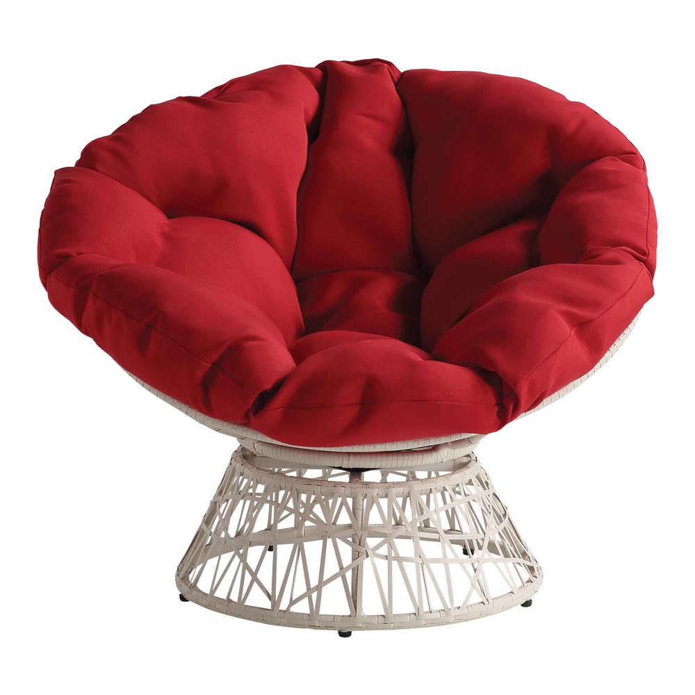 Papasan Chair with Red Round Pillow Cushion and Cream Wicker Weave