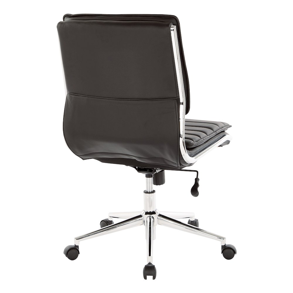 Armless Mid Back Manager’s Faux Leather Chair in Black with Chrome Base.