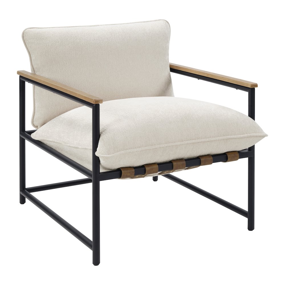 Telly Sling Chair in Ivory Fabric with Oak Wood Arms and Black Steel Frame