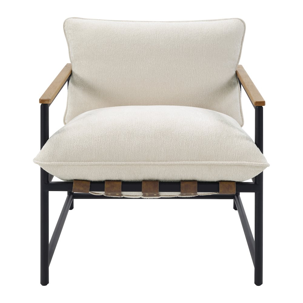 Telly Sling Chair in Ivory Fabric with Oak Wood Arms and Black Steel Frame