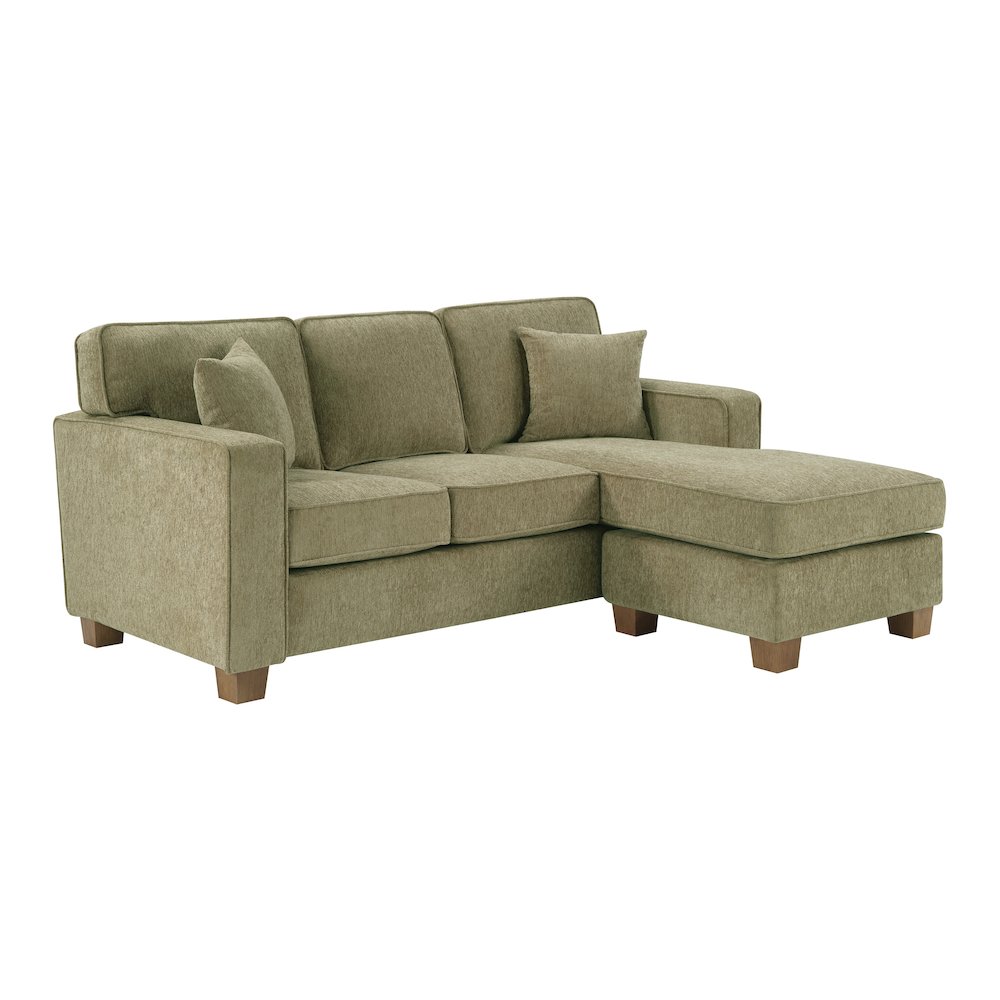 Sectional in Sea Green fabric with 2 Pillows and Medium Oak Finished Wood Legs