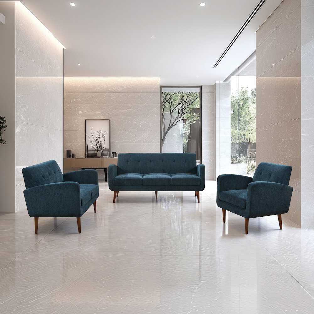 Lake Meadows Sofa in Navy Fabric with Espresso Legs