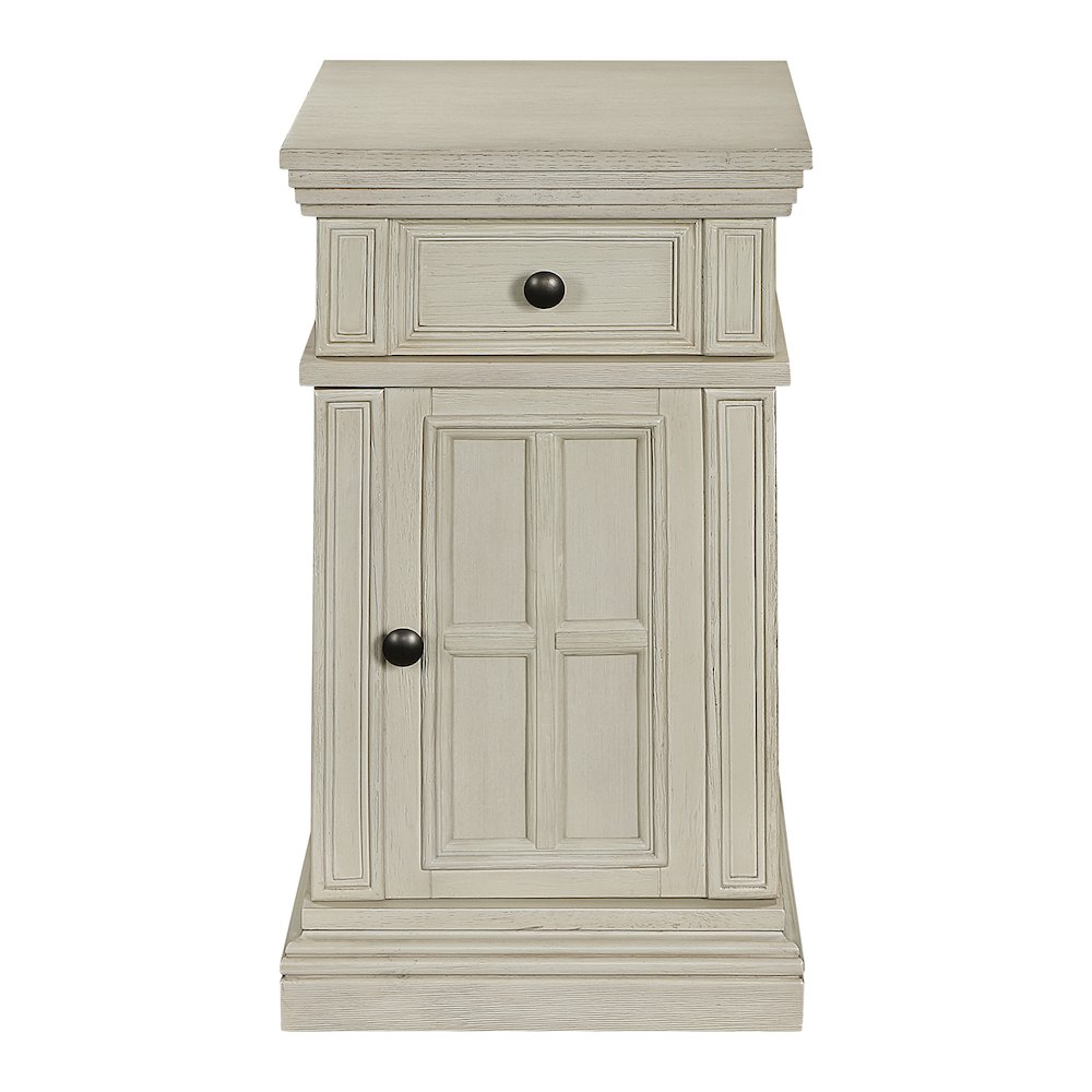 Chair Side Table with 1 Drawer and 1 Glass Door with Power Strip in White Finish
