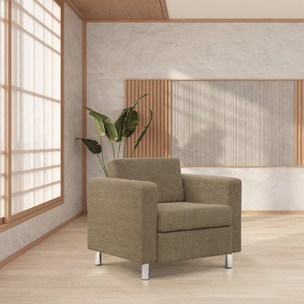 Pacific Armchair in Taupe Fabric with Chrome Legs