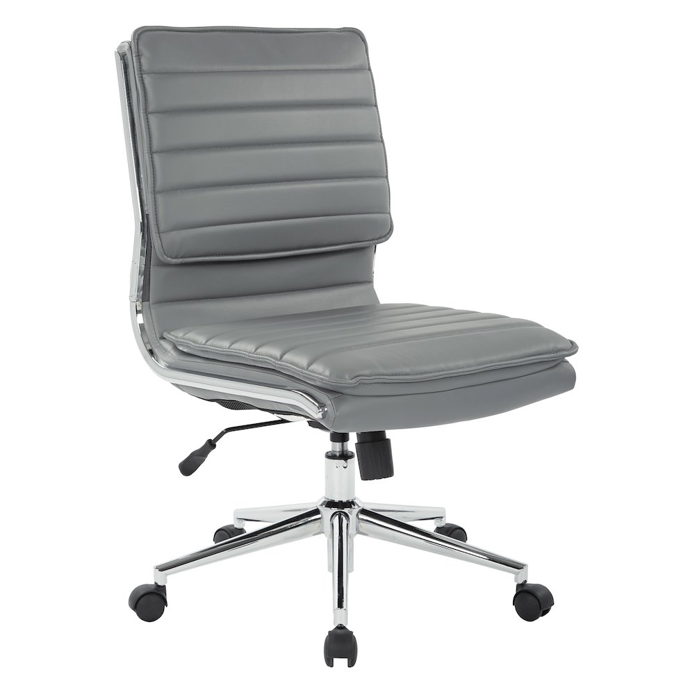Armless Mid Back Manager’s Faux Leather Chair in Charcoal with Chrome Base.